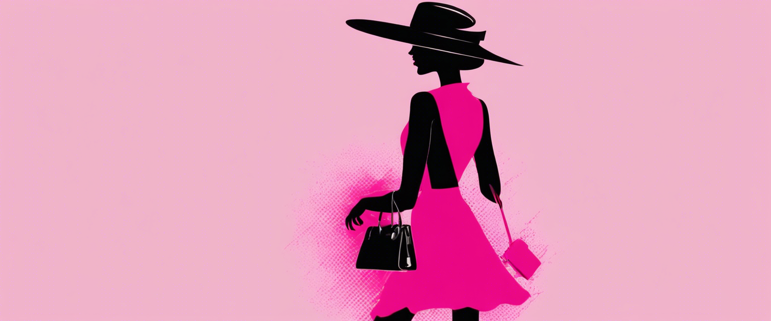 Head to Tote: A bright pink silhouette of a woman wearing a stylish black hat, black heels, and clutching a black handbag